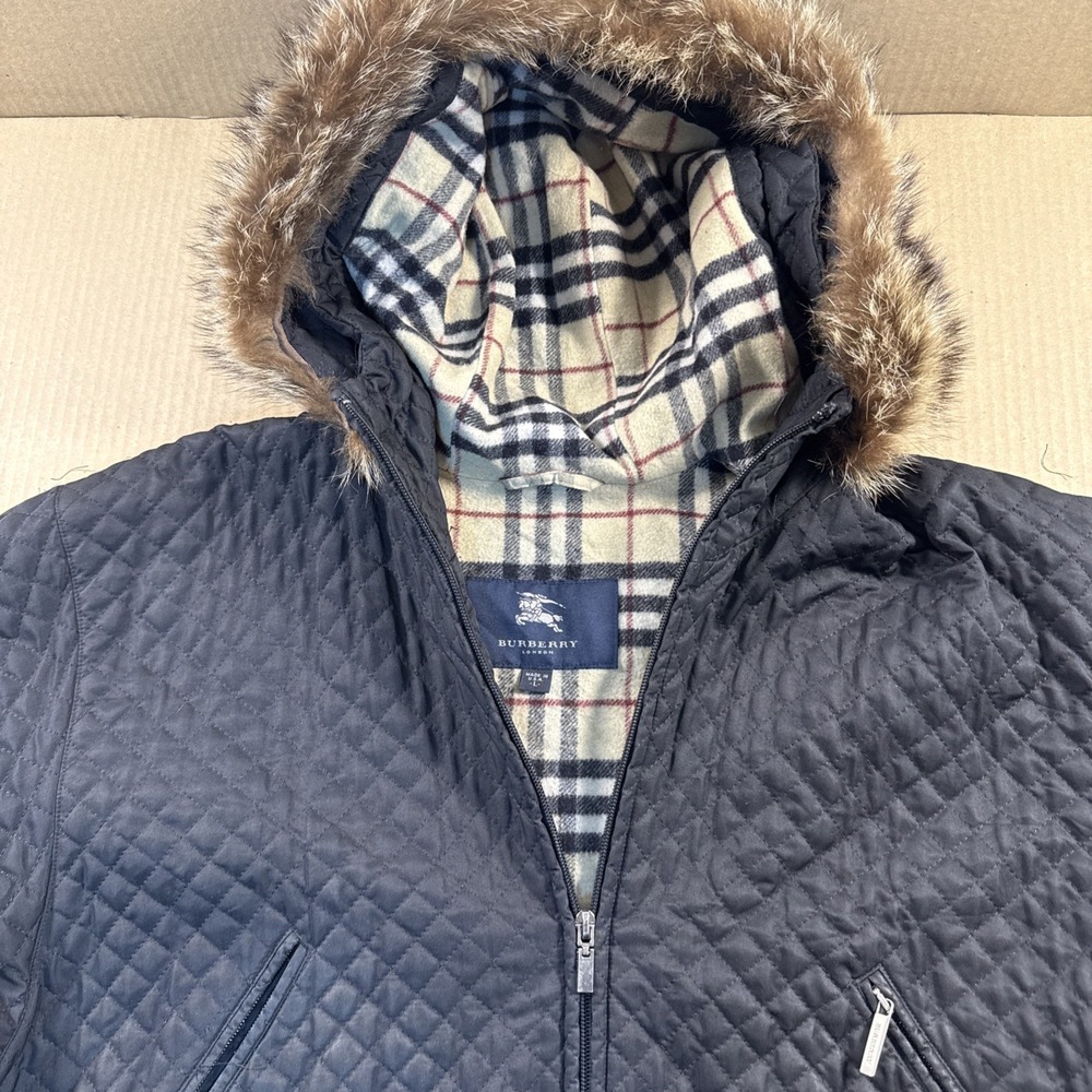 BURBERRY QUILTED COAT PLAID WOOL LINING & Fur Hood, Black, Large, Made In USA